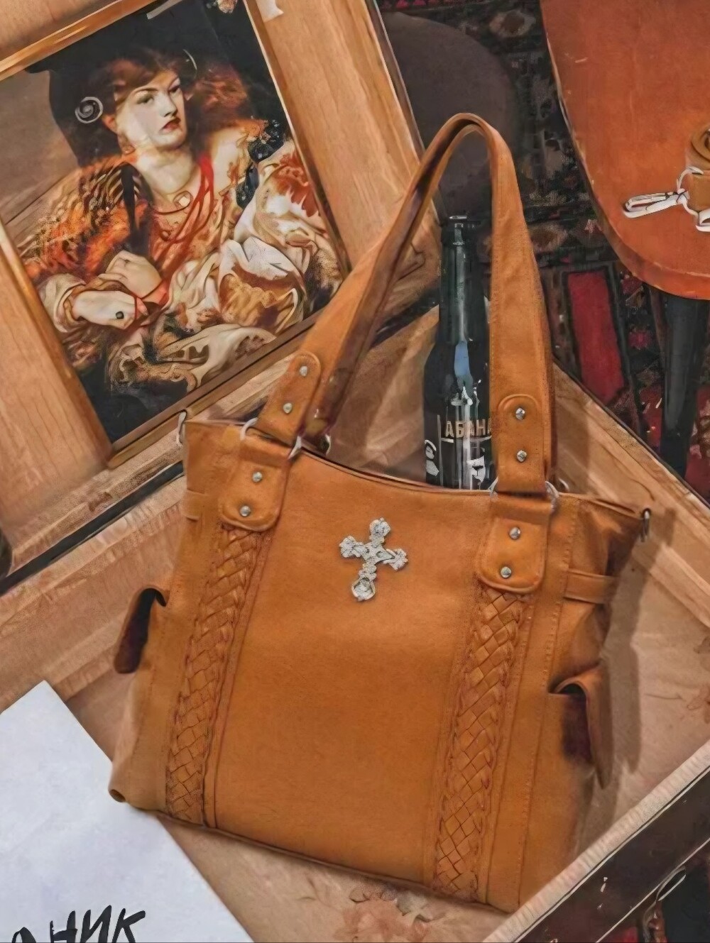 Large Tote Crossbody Bag Brown Vegan Leather Southwestern Silver Cross Purse